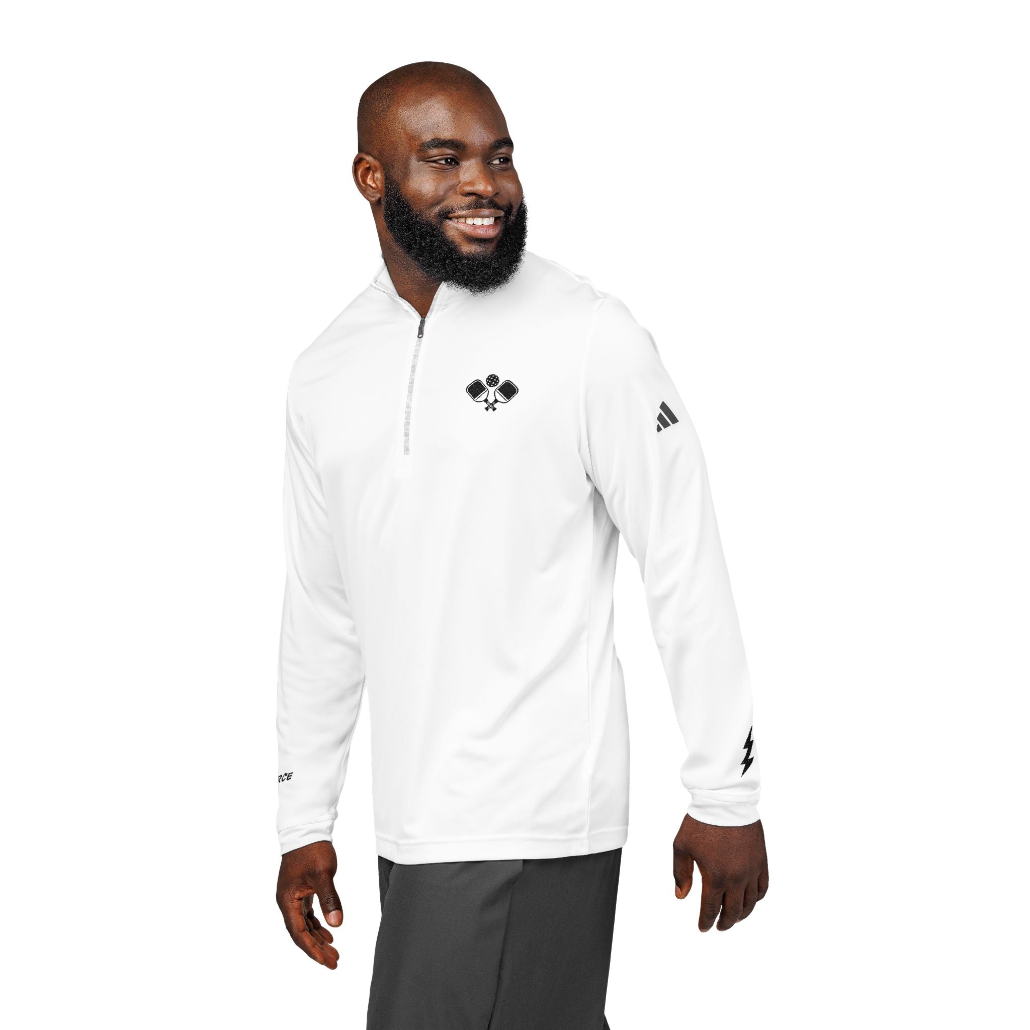 Embroidered Quarter-Zip Pullover – White Performance Sports Top with Rackets on chest logo