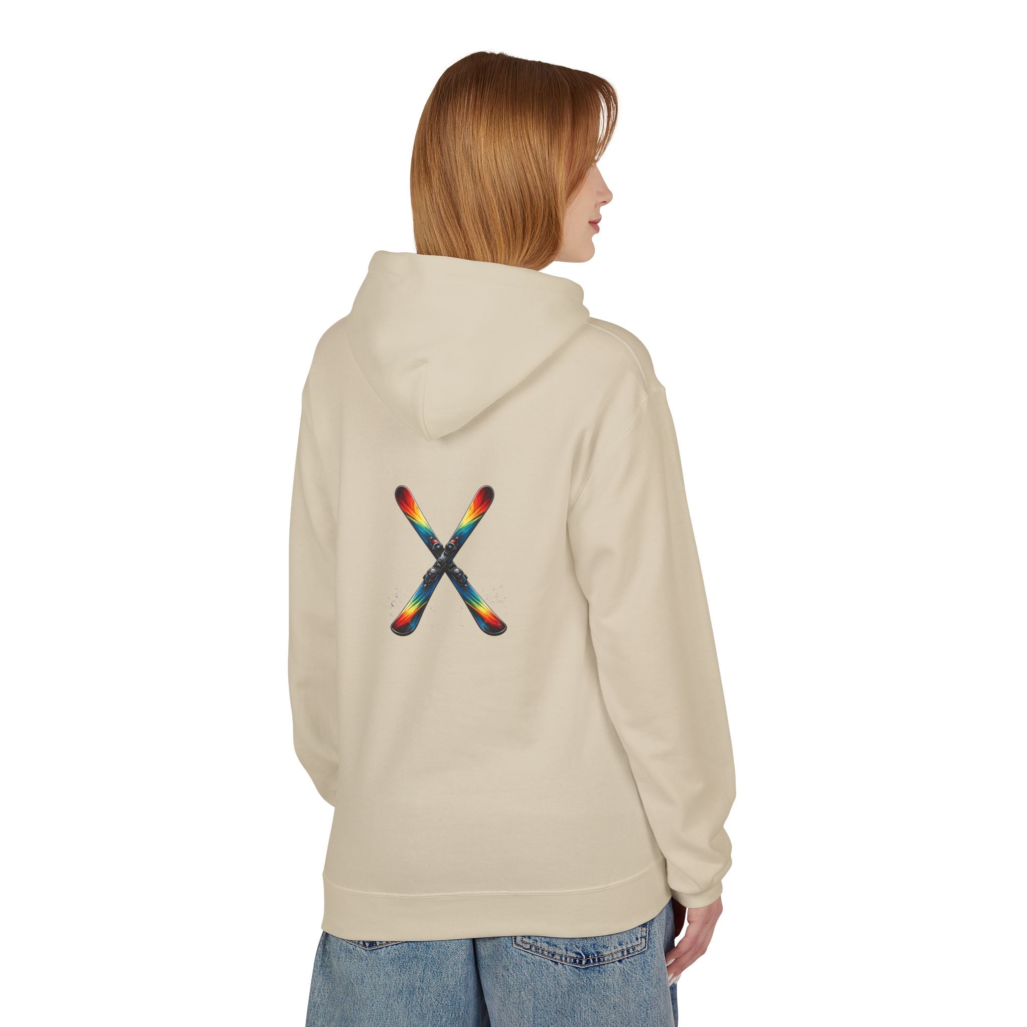 Ski Hoodie — Minimal Front Text & Colorful Crossed Skis Back