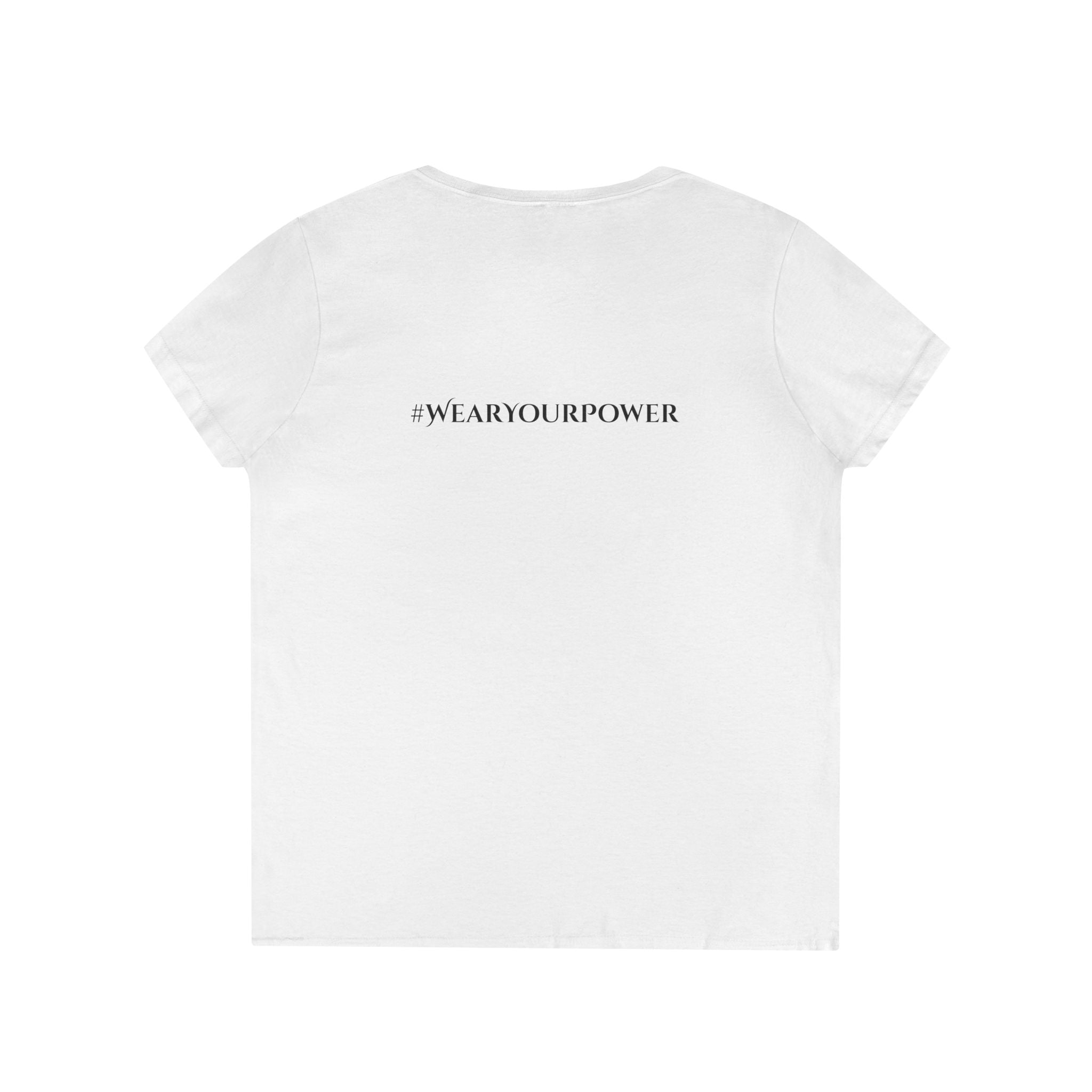 LUXE Lightning Logo with #WEARYOURPOWER On Back-Ladies' V-Neck T-Shirt