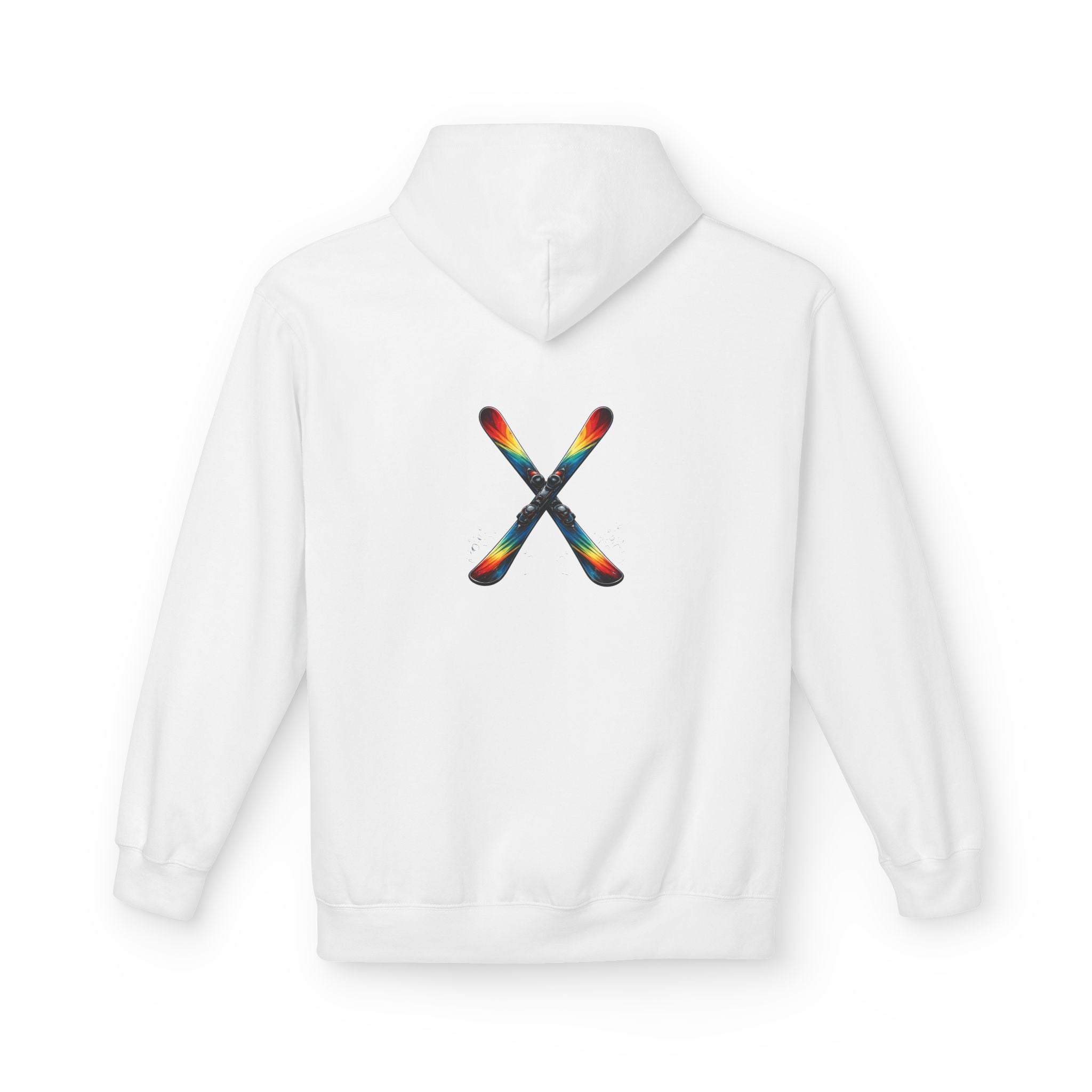 Ski Hoodie — Minimal Front Text & Colorful Crossed Skis Back