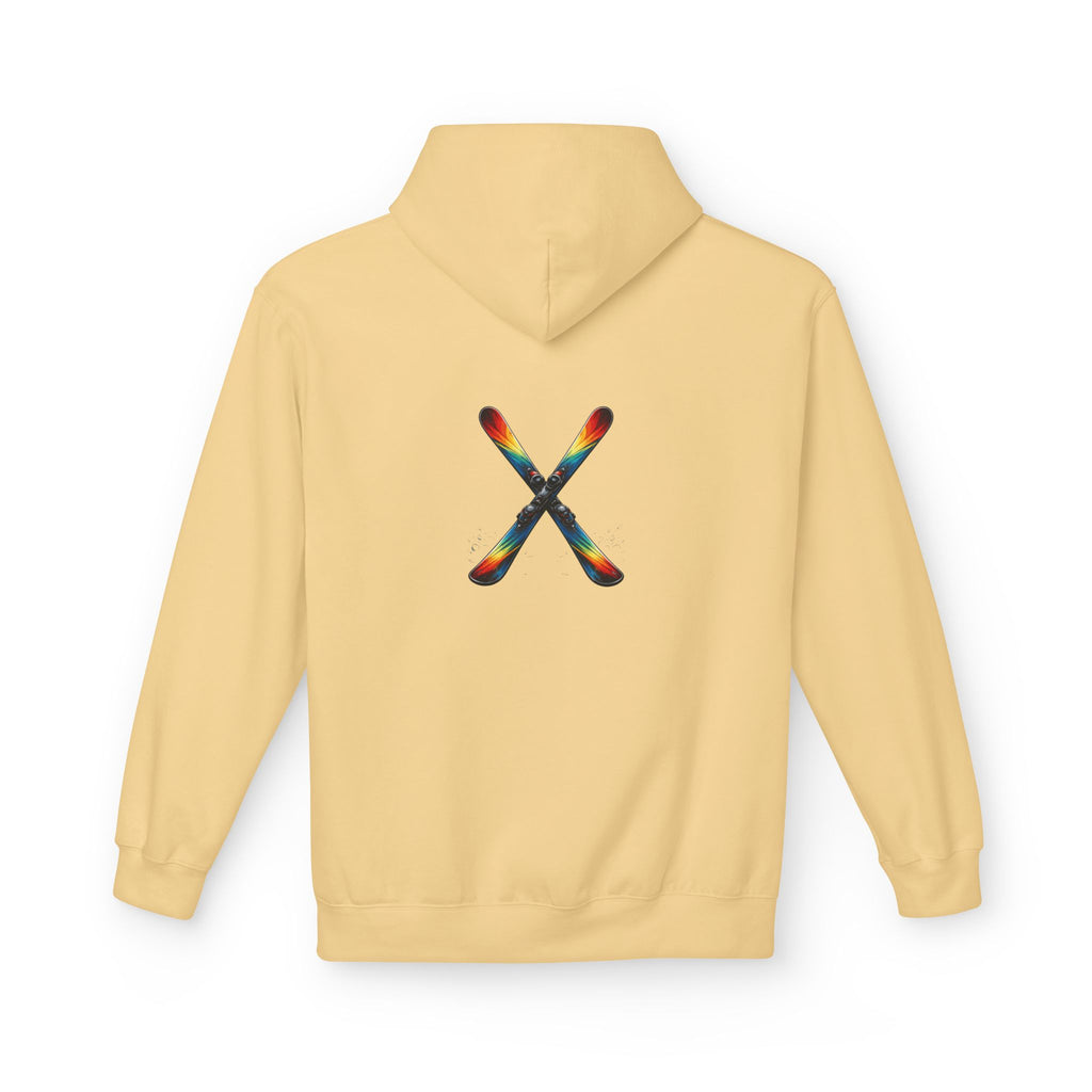 Ski Hoodie — Minimal Front Text & Colorful Crossed Skis Back