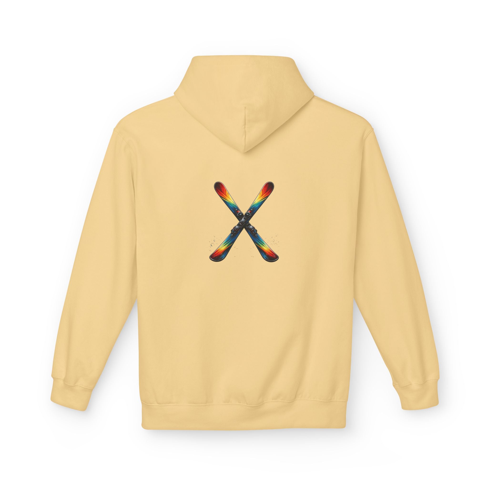 Ski Hoodie — Minimal Front Text & Colorful Crossed Skis Back