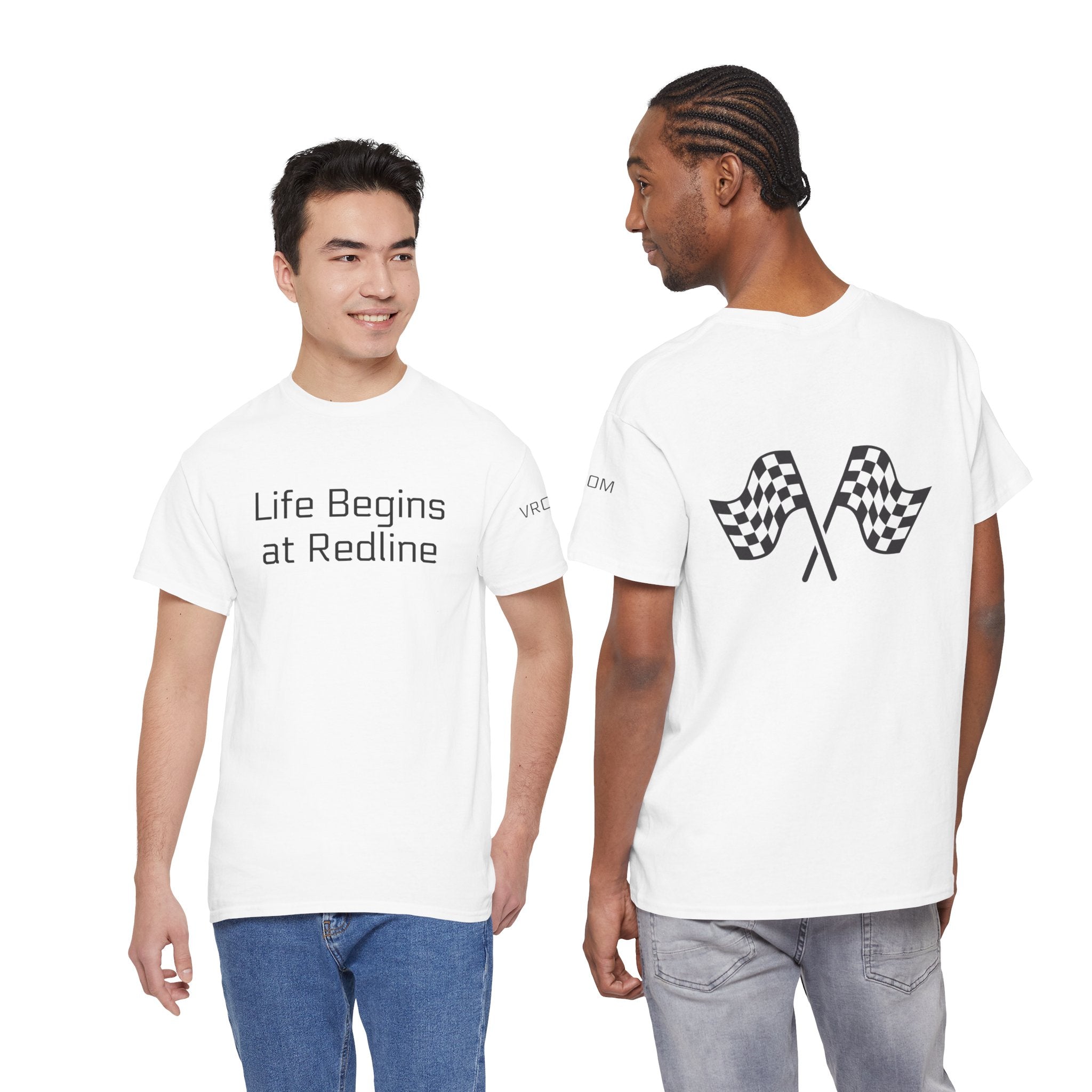 Life Begins at Redline Racing T-Shirt — Checkered Flag on back- Motorsports Tee