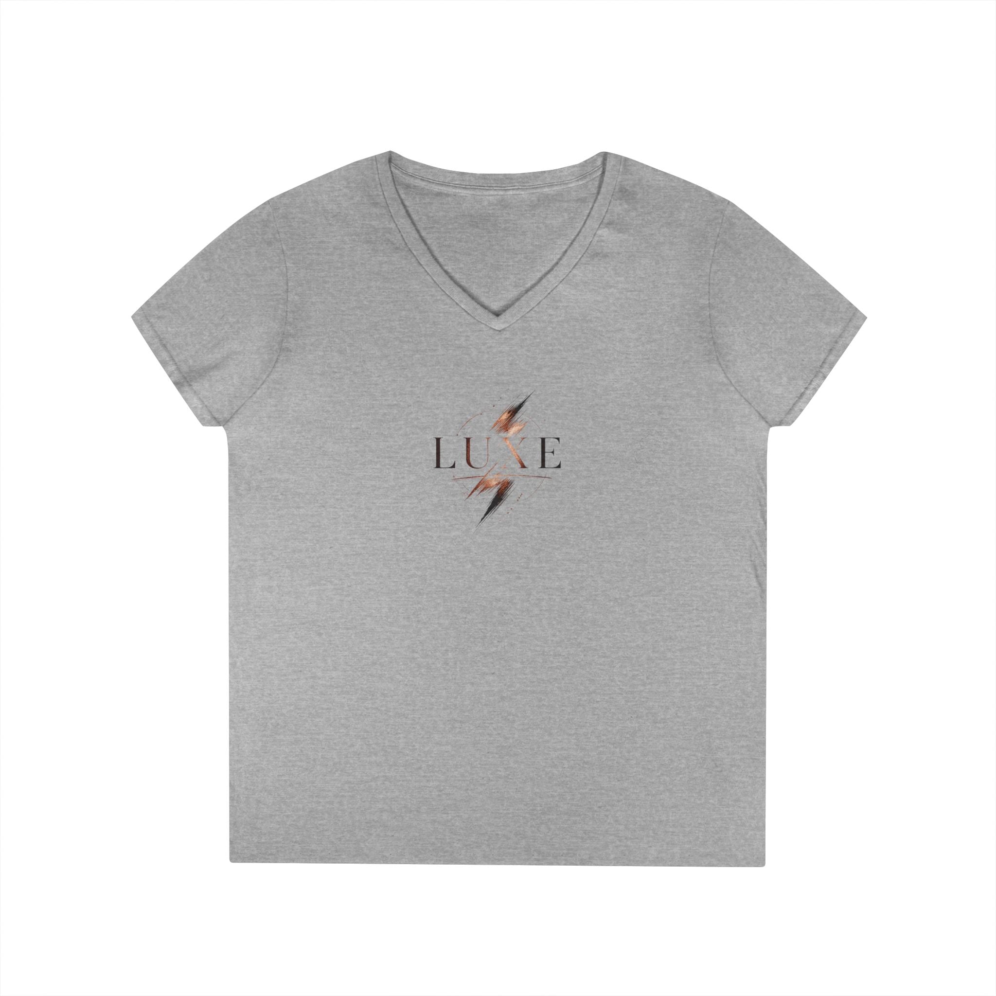LUXE Lightning Logo with #WEARYOURPOWER On Back-Ladies' V-Neck T-Shirt