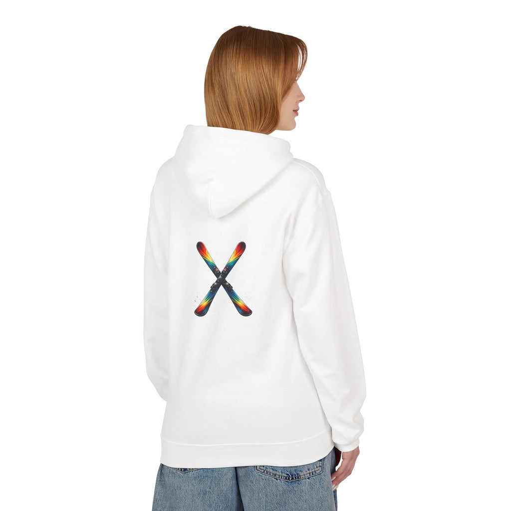 Ski Hoodie — Minimal Front Text & Colorful Crossed Skis Back