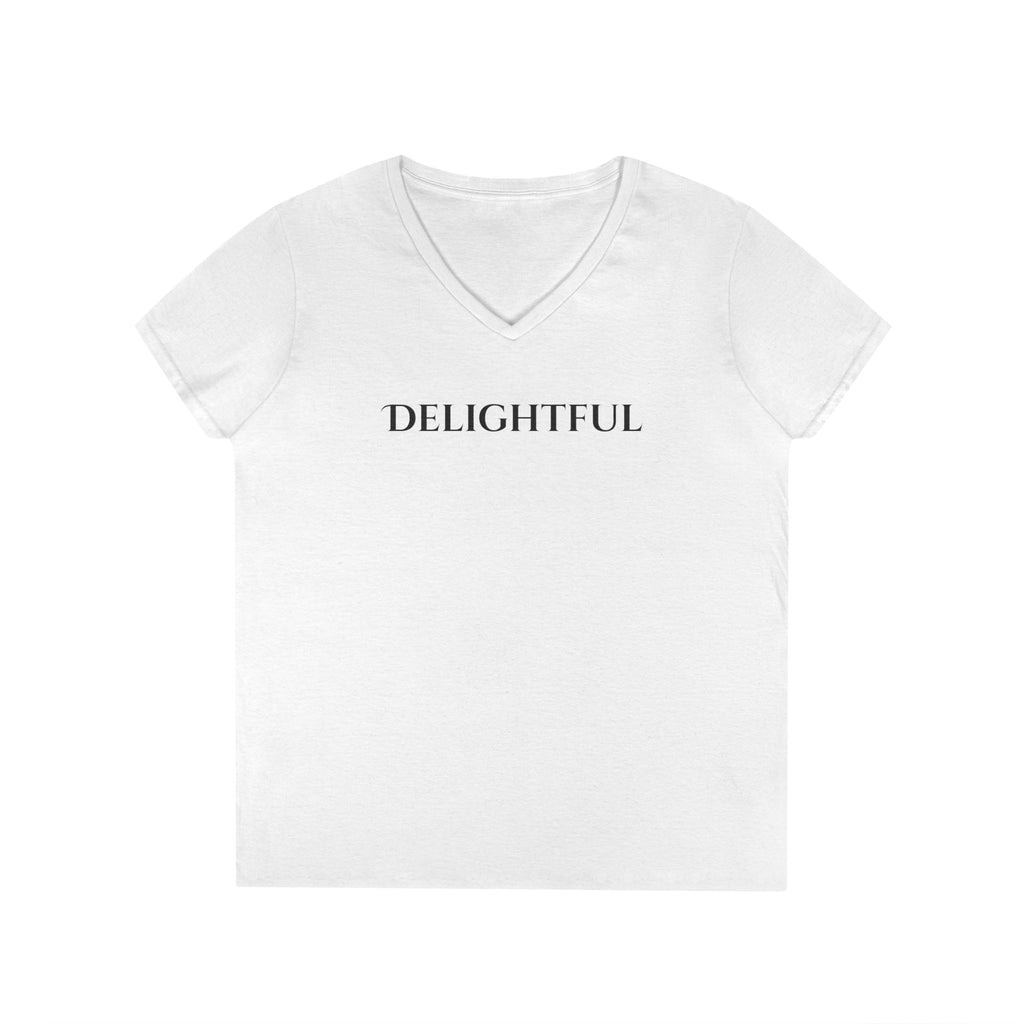 Delightful V-Neck Tee — Minimalist 'Delightful' Front Text with Back Heart
