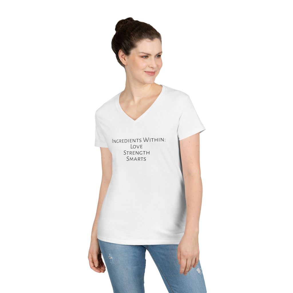 "Ingredients Within: Love Strength Smarts" with Back Heart--Inspirational Ladies' V-Neck Tee