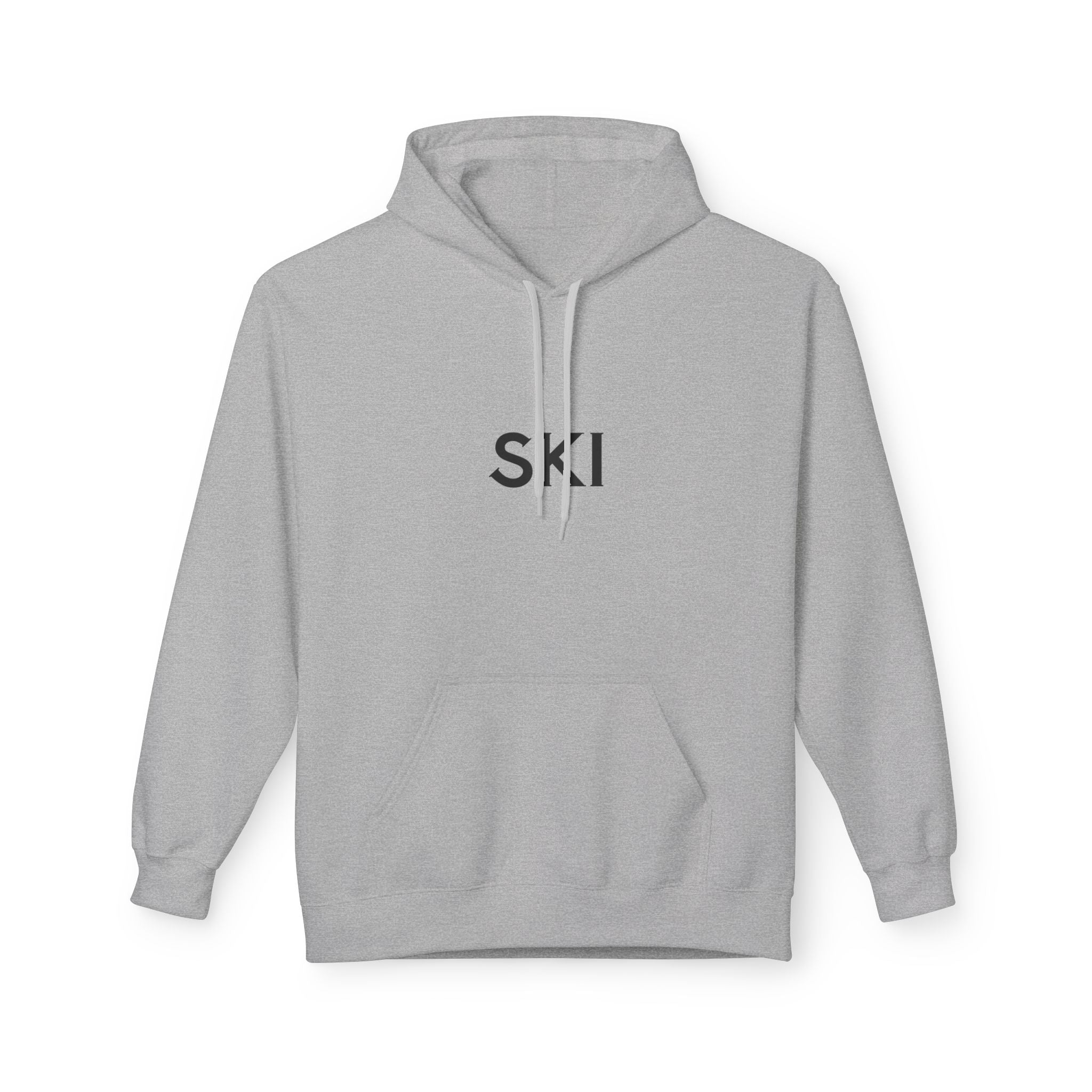 Ski Hoodie — Minimal Front Text & Colorful Crossed Skis Back