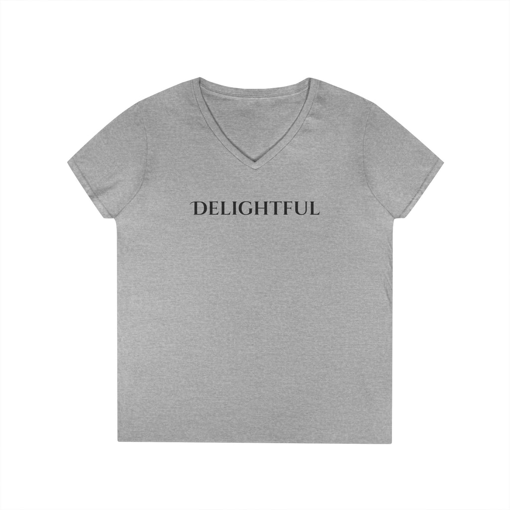 Delightful V-Neck Tee — Minimalist 'Delightful' Front Text with Back Heart