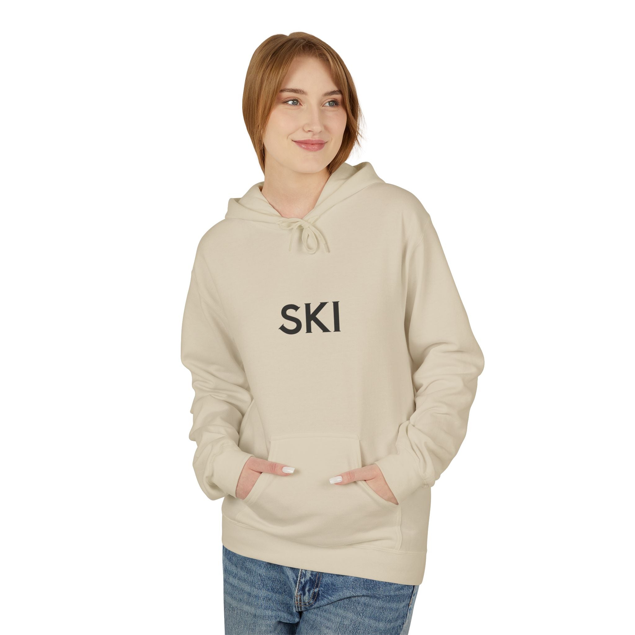 Ski Hoodie — Minimal Front Text & Colorful Crossed Skis Back