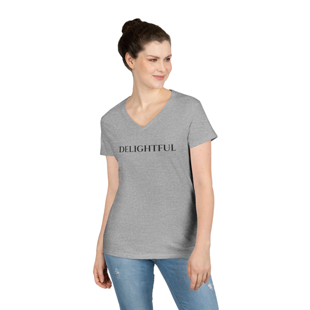 Delightful V-Neck Tee — Minimalist 'Delightful' Front Text with Back Heart