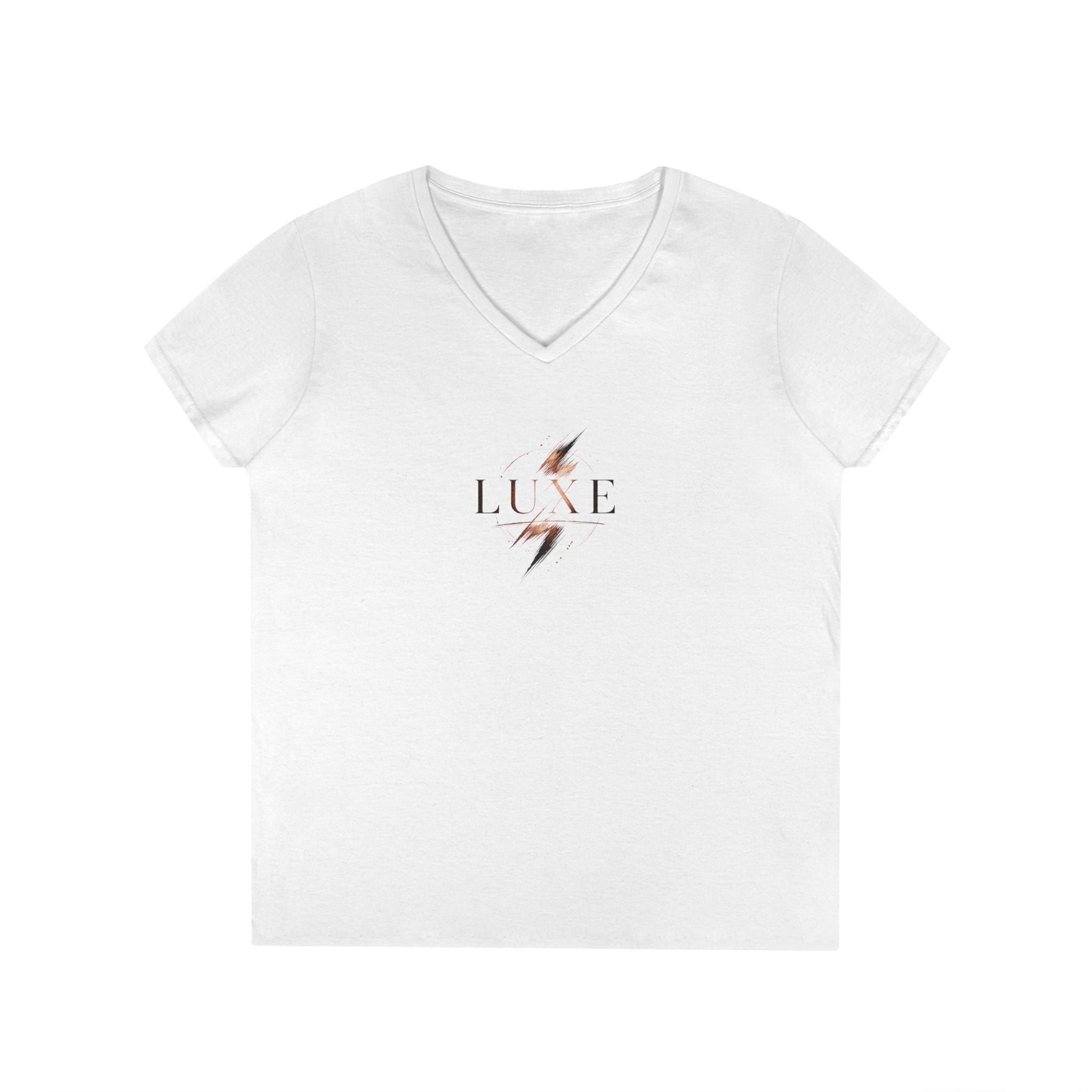 LUXE Lightning Logo with #WEARYOURPOWER On Back-Ladies' V-Neck T-Shirt