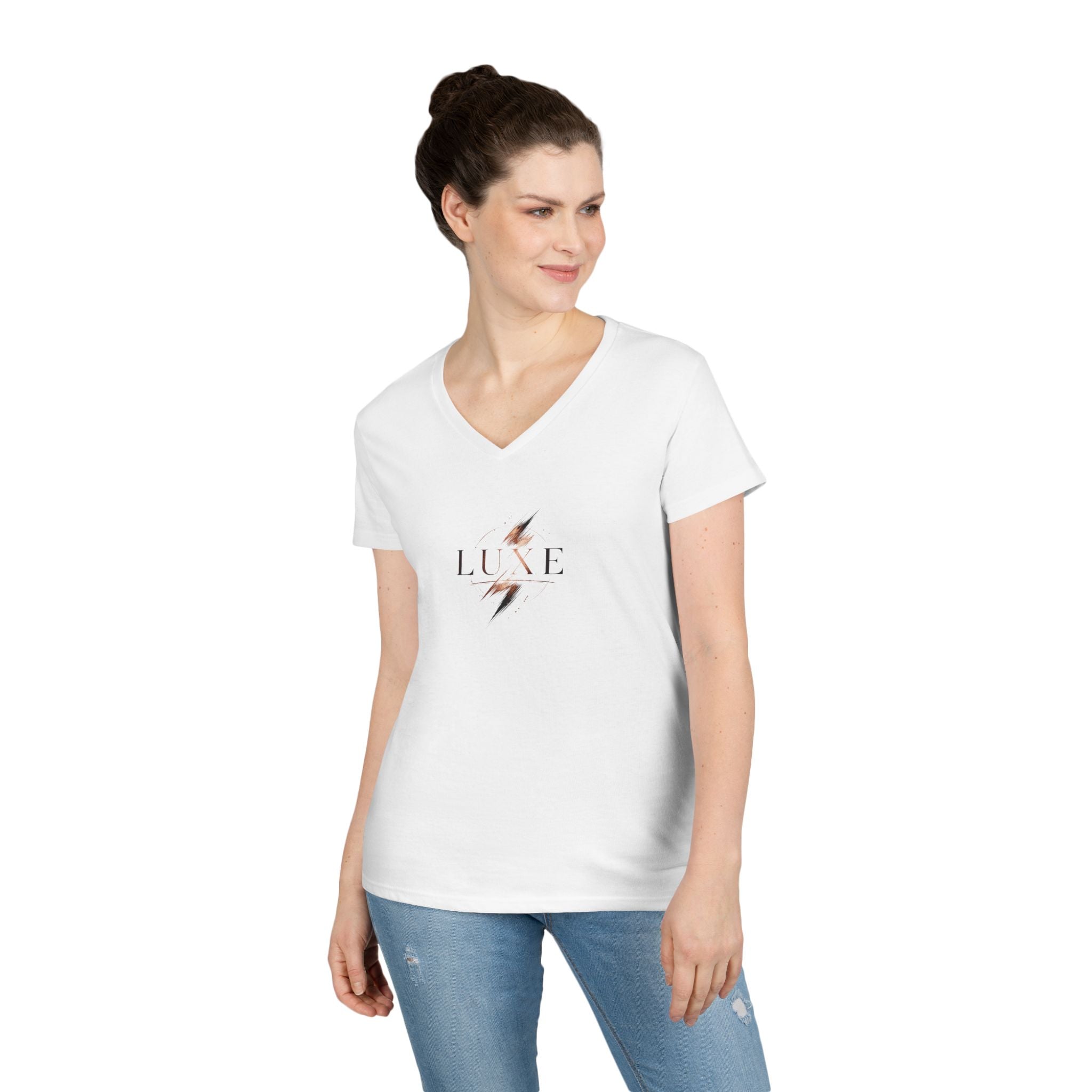 LUXE Lightning Logo with #WEARYOURPOWER On Back-Ladies' V-Neck T-Shirt