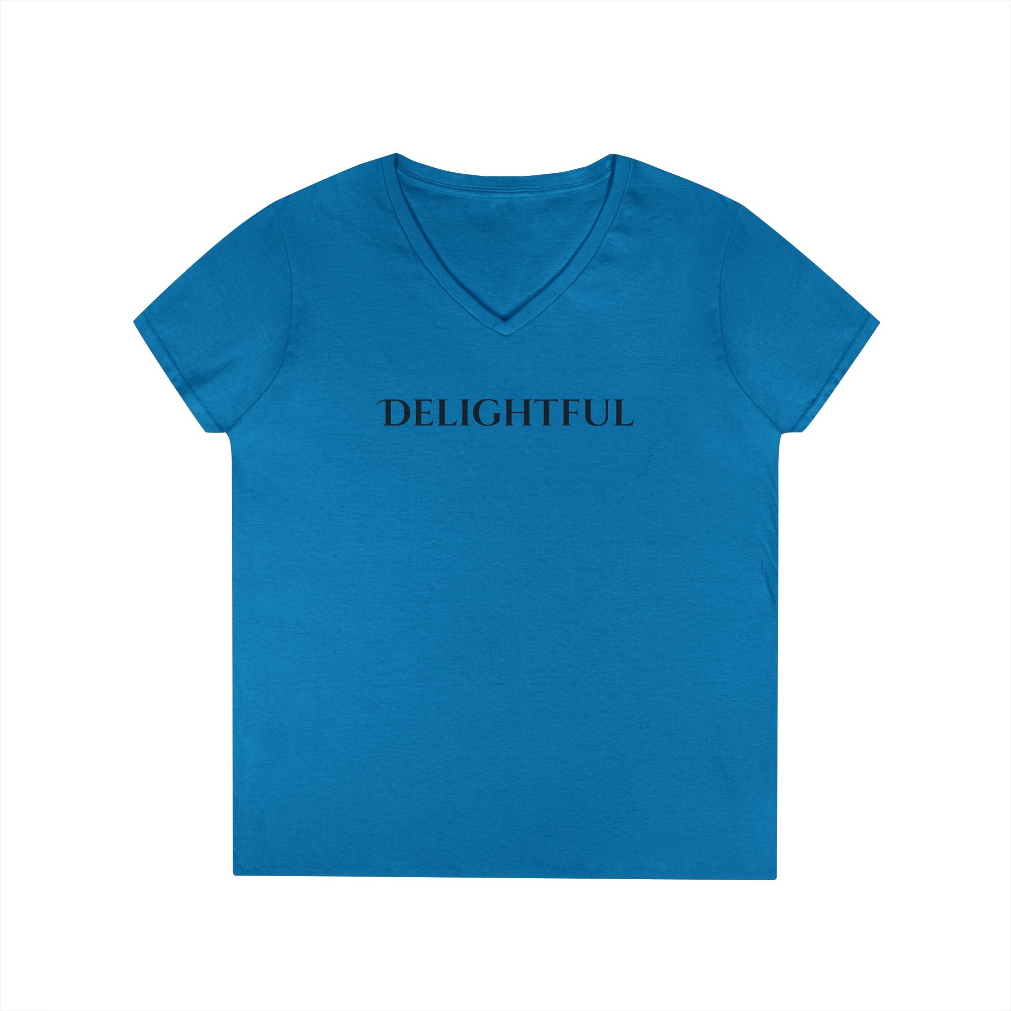Delightful V-Neck Tee — Minimalist 'Delightful' Front Text with Back Heart