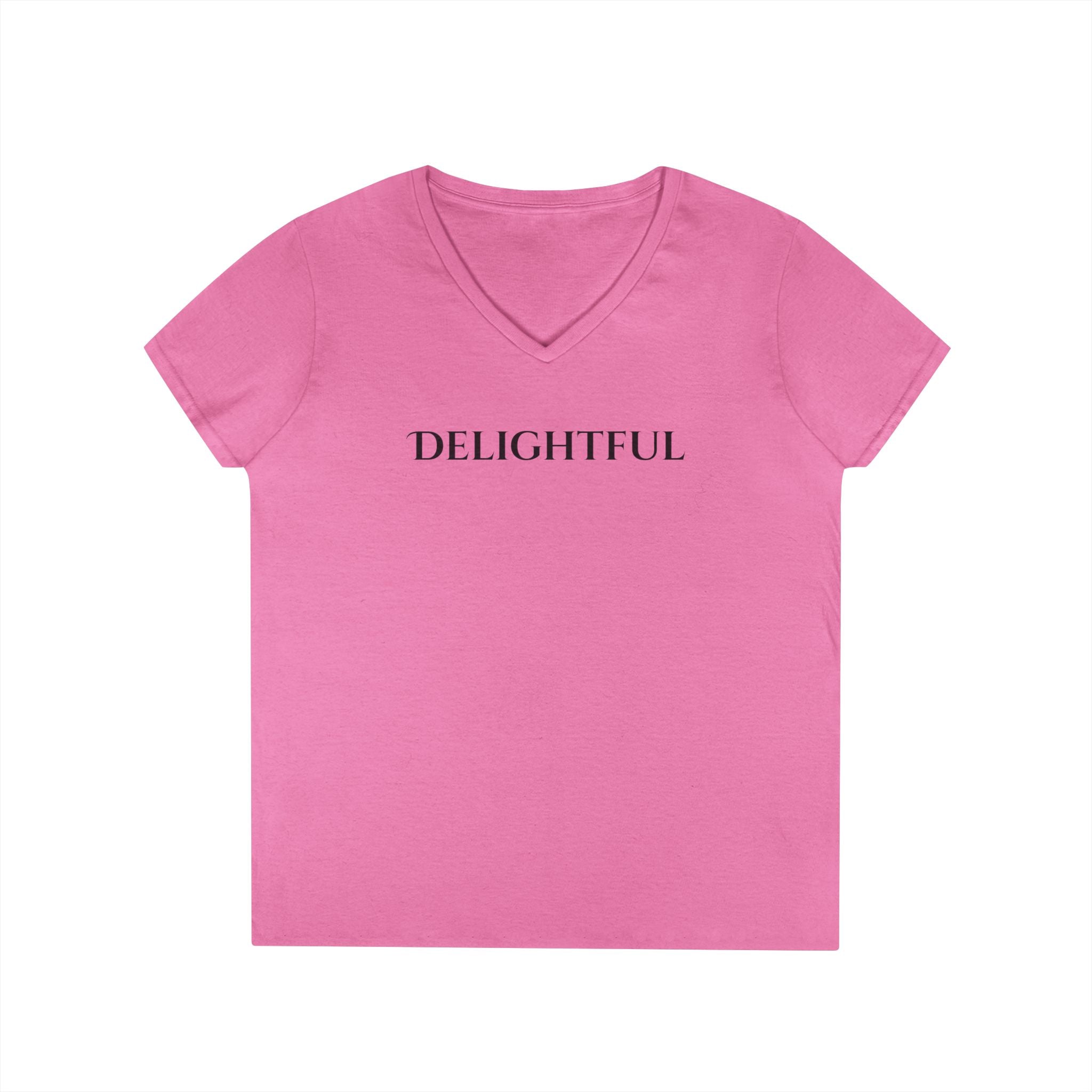 Delightful V-Neck Tee — Minimalist 'Delightful' Front Text with Back Heart