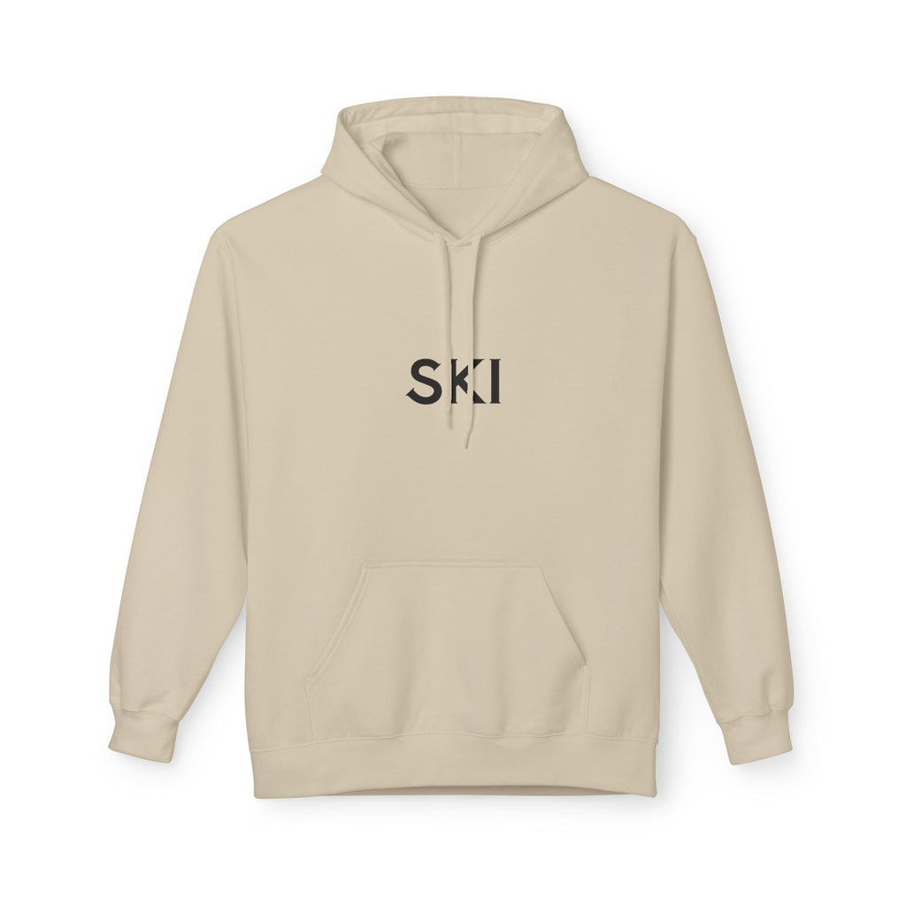 Ski Hoodie — Minimal Front Text & Colorful Crossed Skis Back