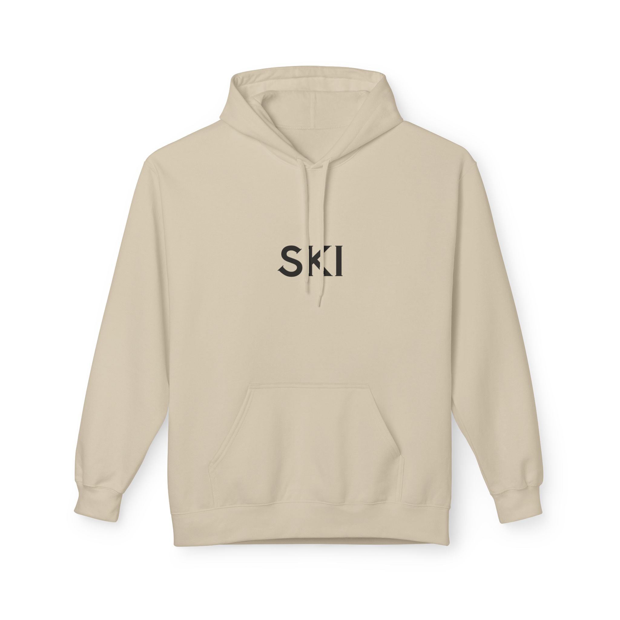 Ski Hoodie — Minimal Front Text & Colorful Crossed Skis Back