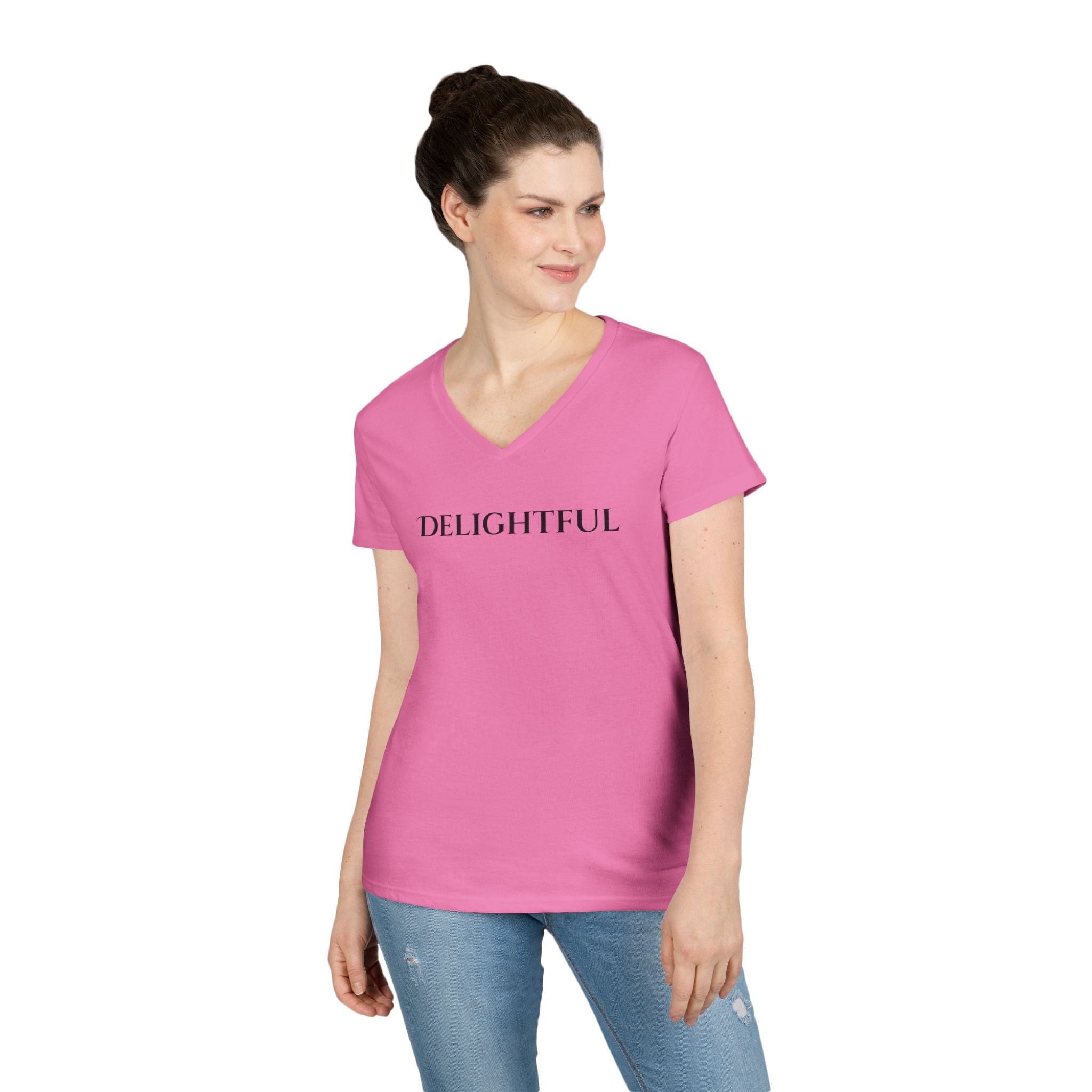 Delightful V-Neck Tee — Minimalist 'Delightful' Front Text with Back Heart