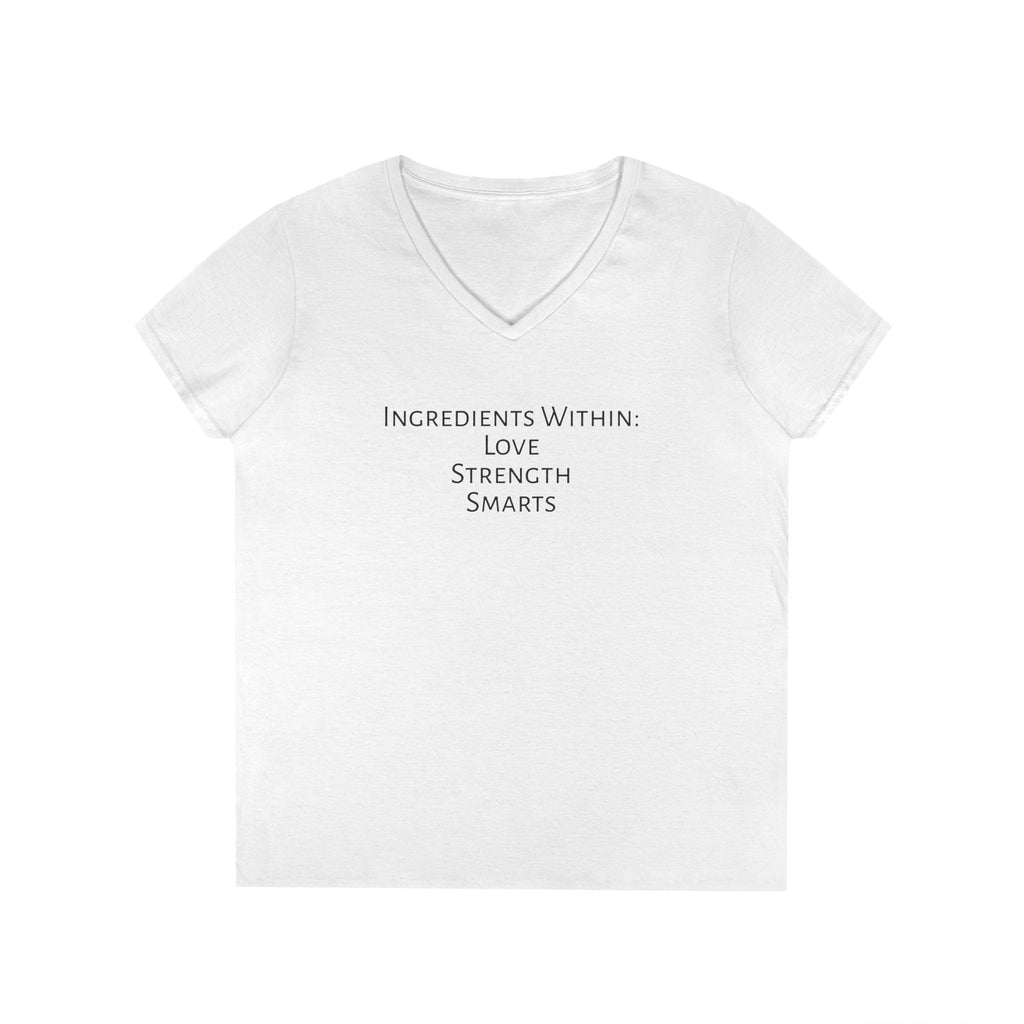 "Ingredients Within: Love Strength Smarts" with Back Heart--Inspirational Ladies' V-Neck Tee