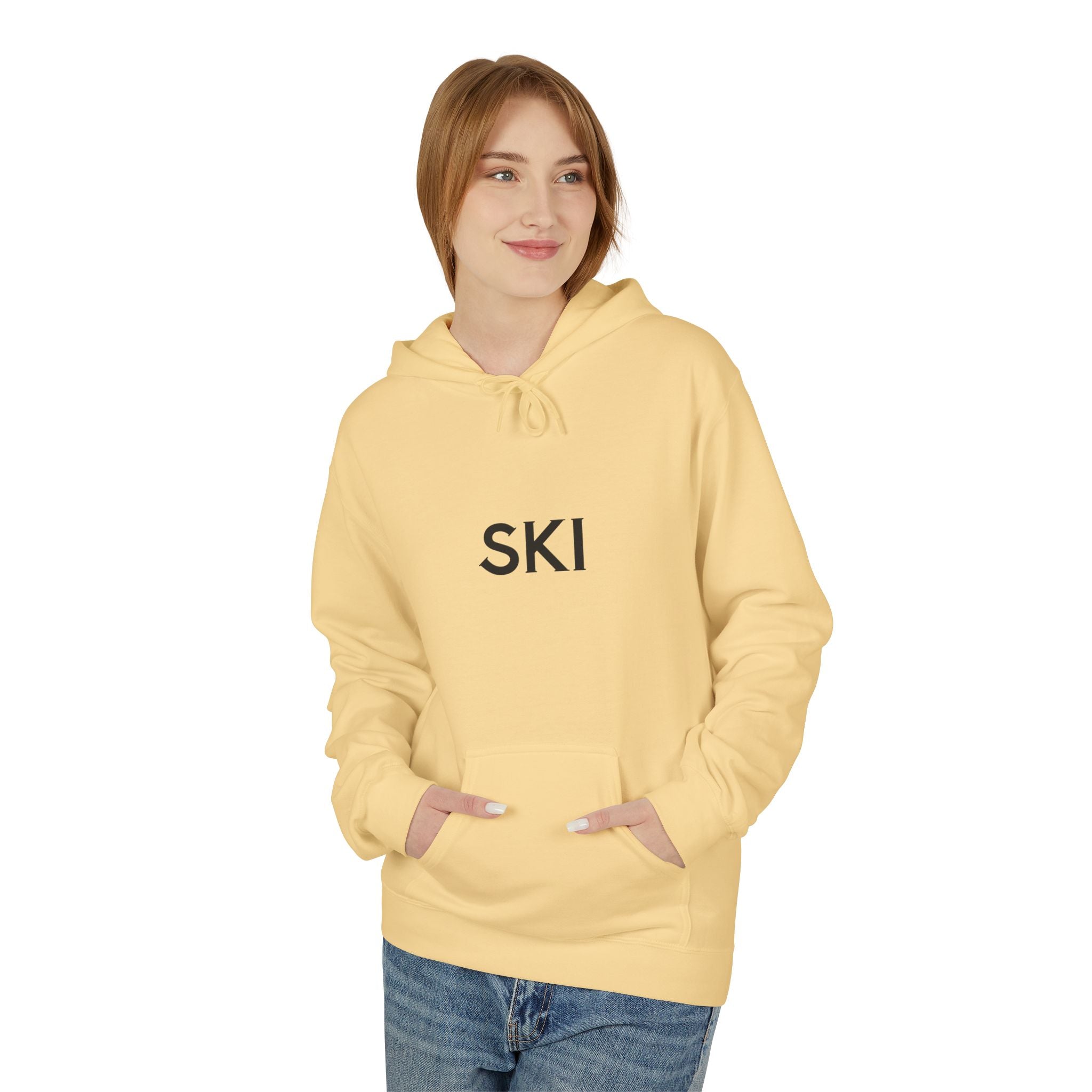 Ski Hoodie — Minimal Front Text & Colorful Crossed Skis Back