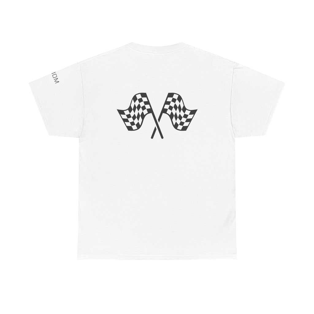 Life Begins at Redline Racing T-Shirt — Checkered Flag on back- Motorsports Tee