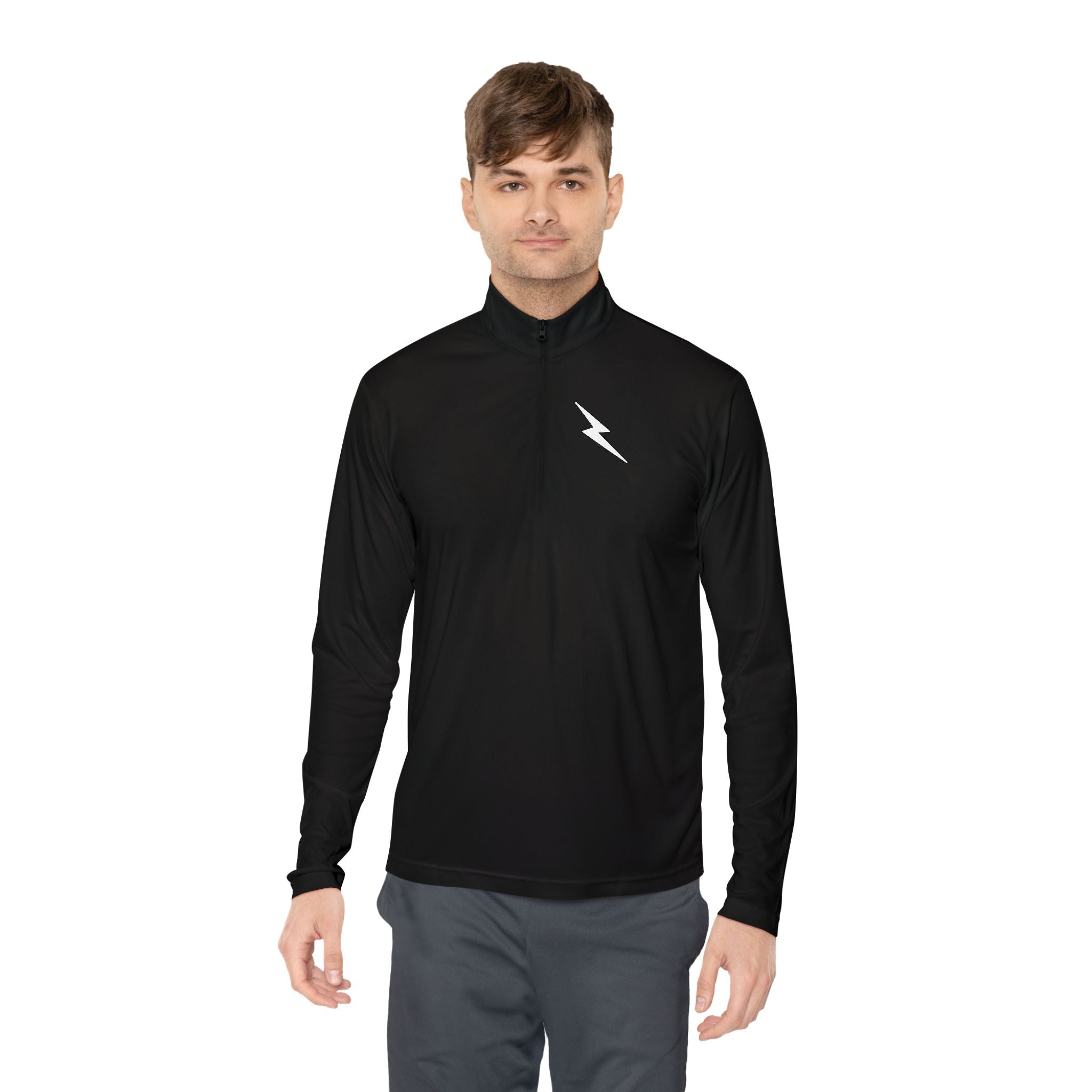 "In It To Win It" (on back) Quarter-Zip Pullover with Minimal Lightning Chest Logo