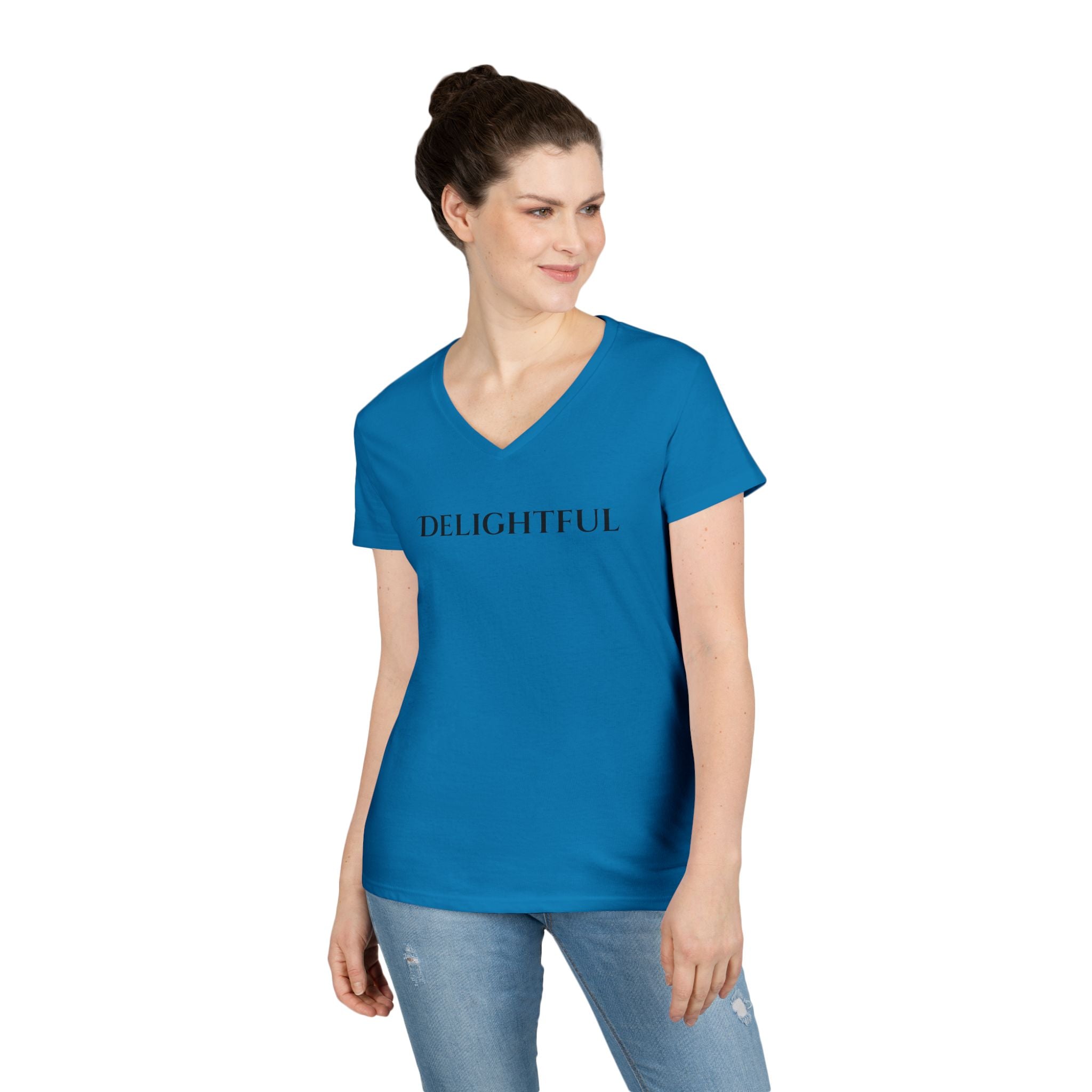 Delightful V-Neck Tee — Minimalist 'Delightful' Front Text with Back Heart