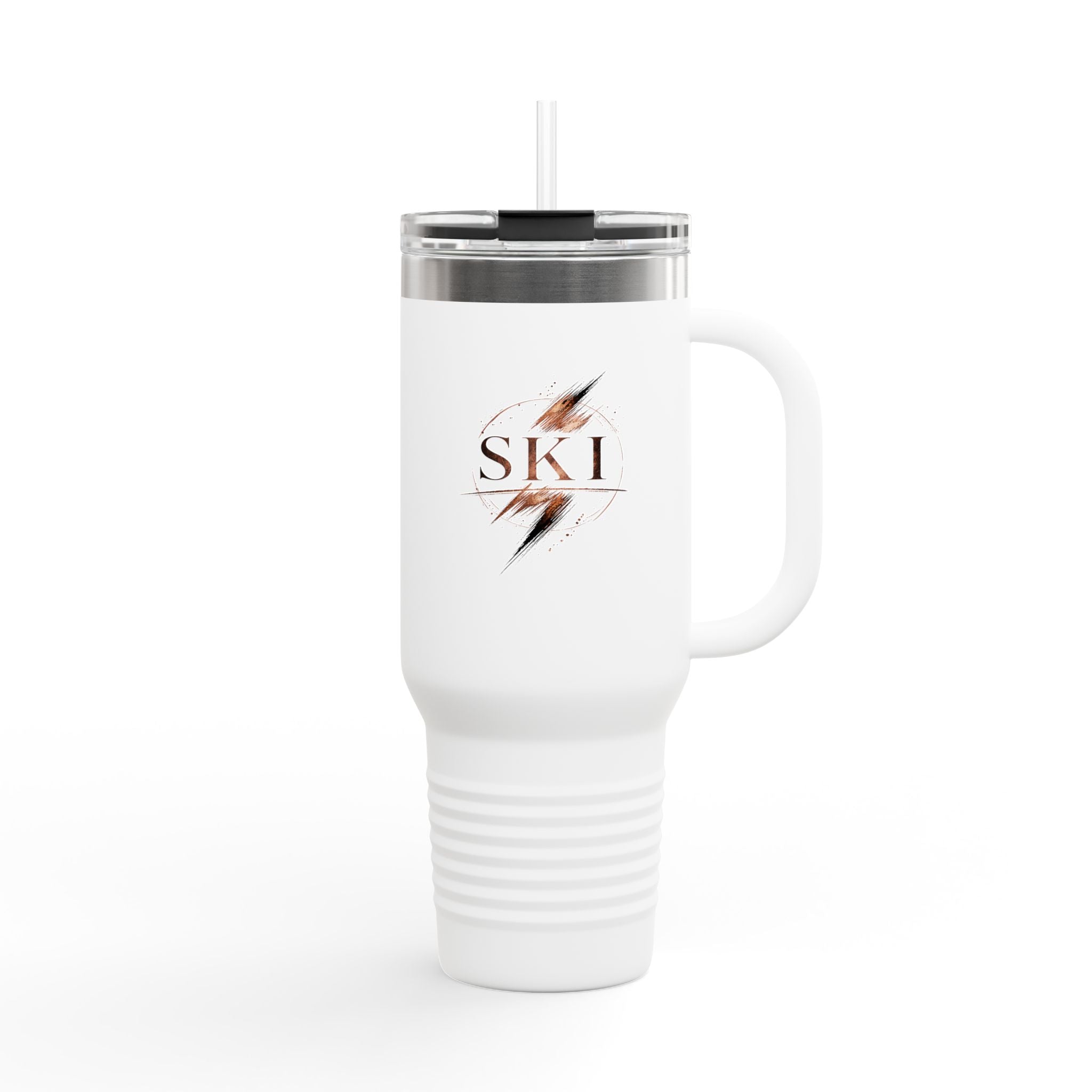 40oz Insulated SKI Travel Mug with Ski's Graphic – Large Thermal Tumbler with Handle & Straw