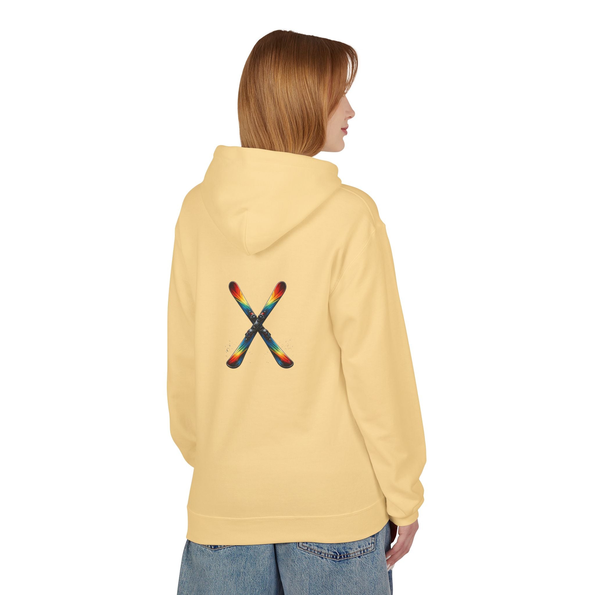 Ski Hoodie — Minimal Front Text & Colorful Crossed Skis Back