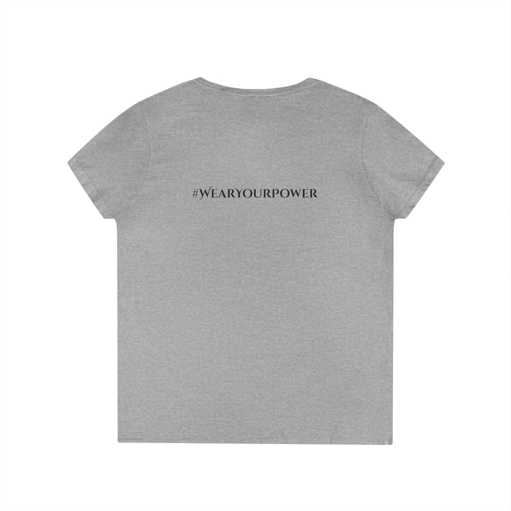 LUXE Lightning Logo with #WEARYOURPOWER On Back-Ladies' V-Neck T-Shirt