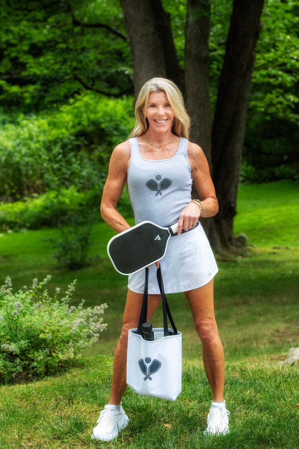 Pickleball Rackets Tank Top Front with Ball on Back Design