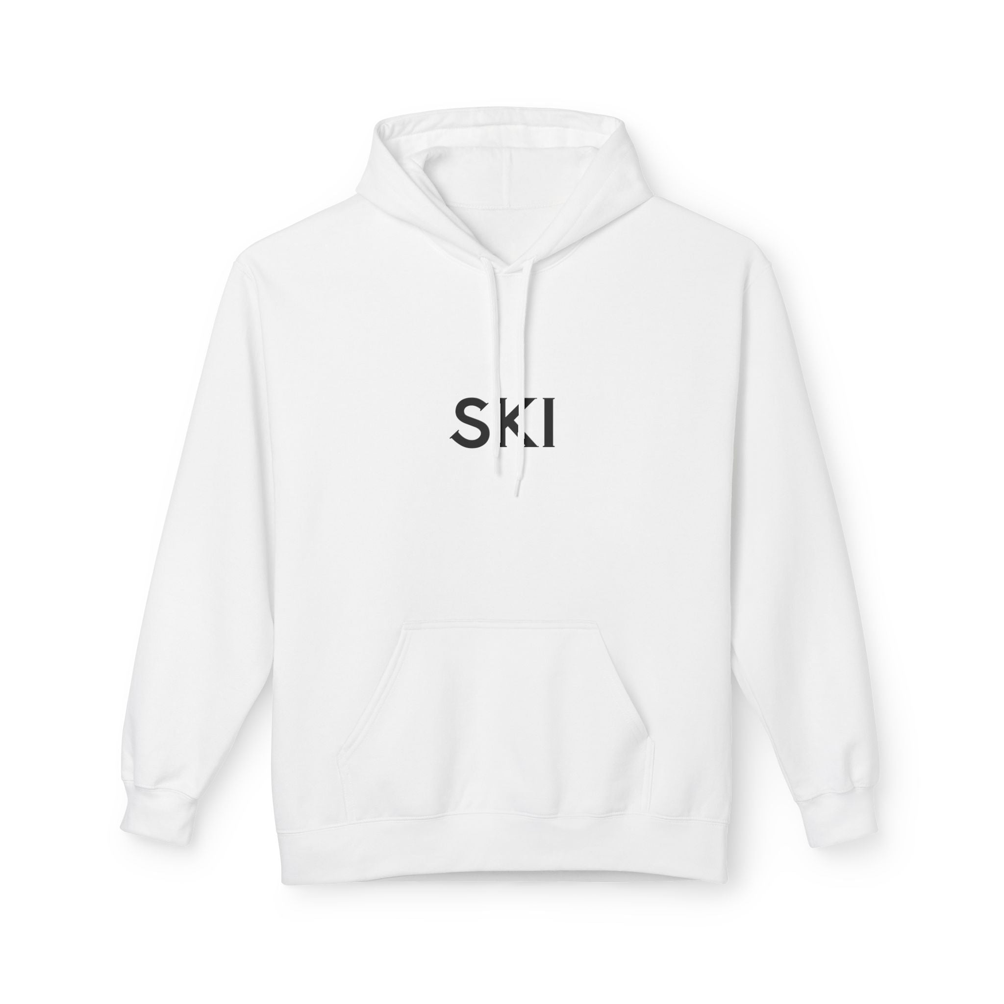 Ski Hoodie — Minimal Front Text & Colorful Crossed Skis Back