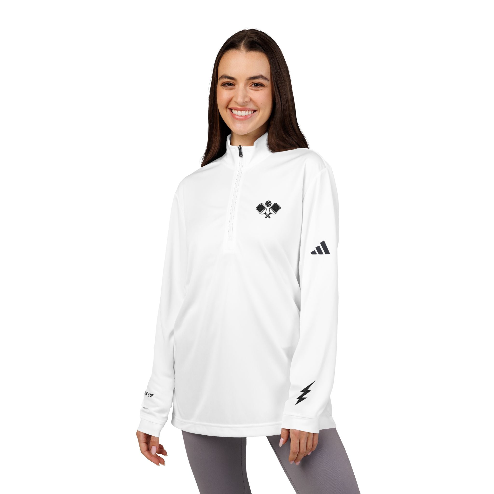 Embroidered Quarter-Zip Pullover – White Performance Sports Top with Rackets on chest logo