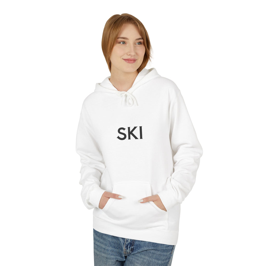 Ski Hoodie — Minimal Front Text & Colorful Crossed Skis Back