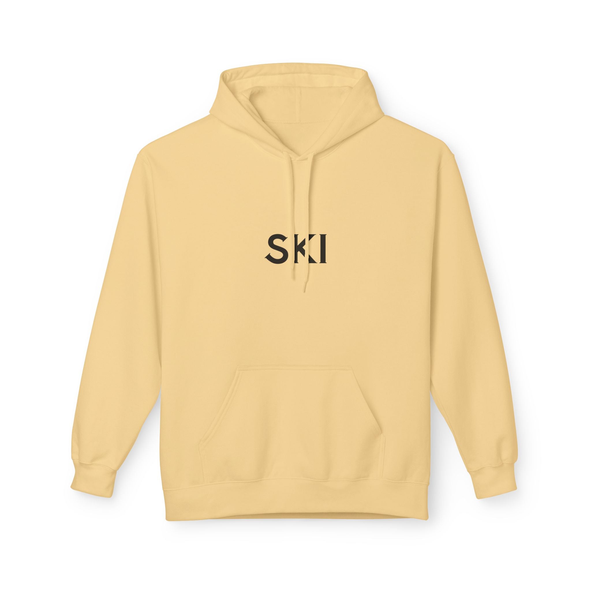 Ski Hoodie — Minimal Front Text & Colorful Crossed Skis Back