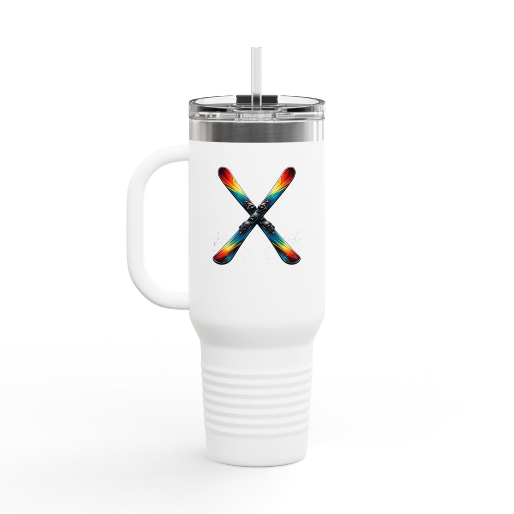 40oz Insulated SKI Travel Mug with Ski's Graphic – Large Thermal Tumbler with Handle & Straw
