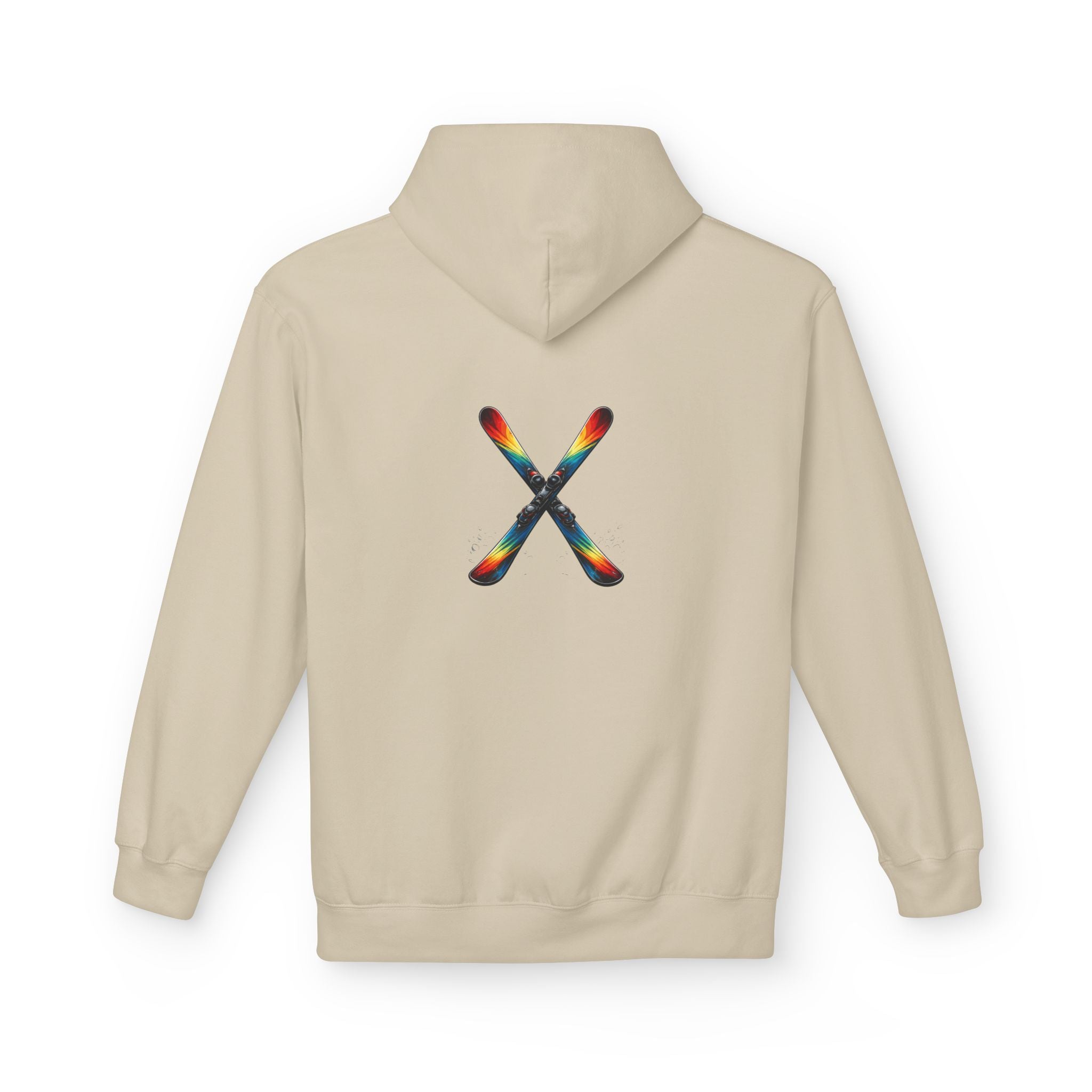 Ski Hoodie — Minimal Front Text & Colorful Crossed Skis Back