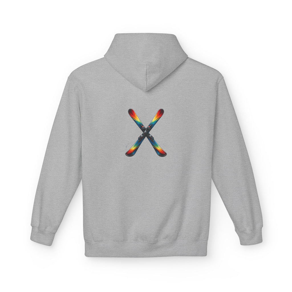 Ski Hoodie — Minimal Front Text & Colorful Crossed Skis Back