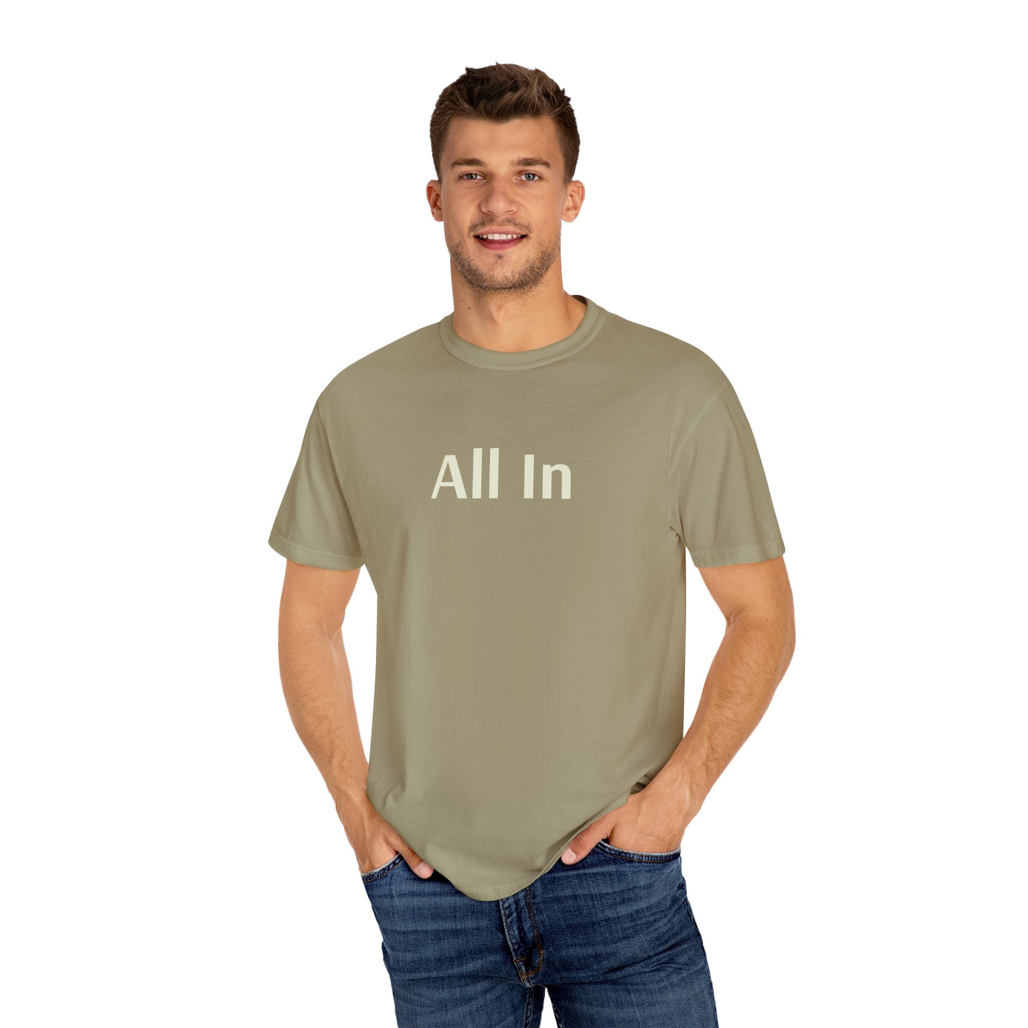 'All In' (on front) Unisex Garment-Dyed T-shirt - Perfect for Poker Nights, Game Nights & Casual Outings