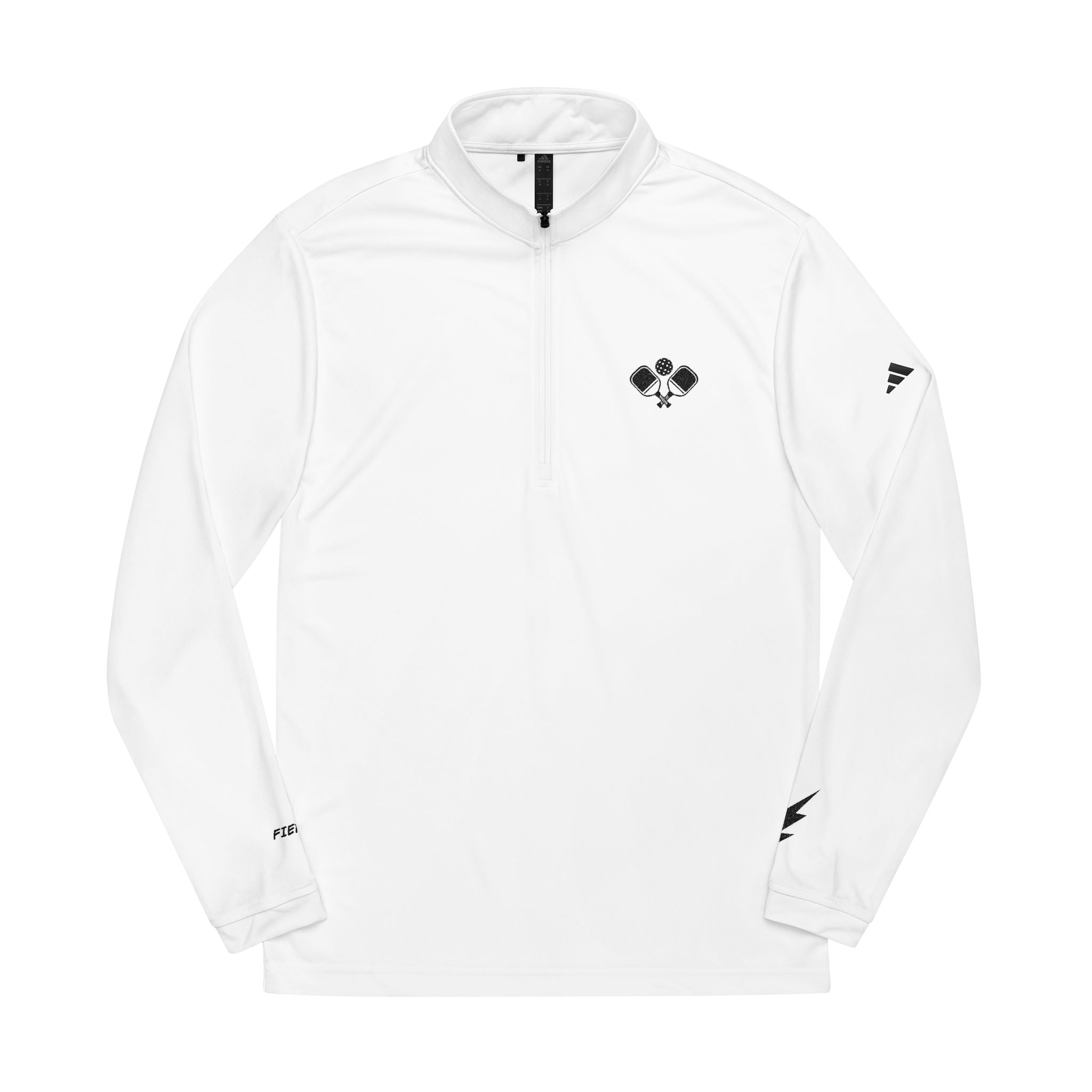Embroidered Quarter-Zip Pullover – White Performance Sports Top with Rackets on chest logo